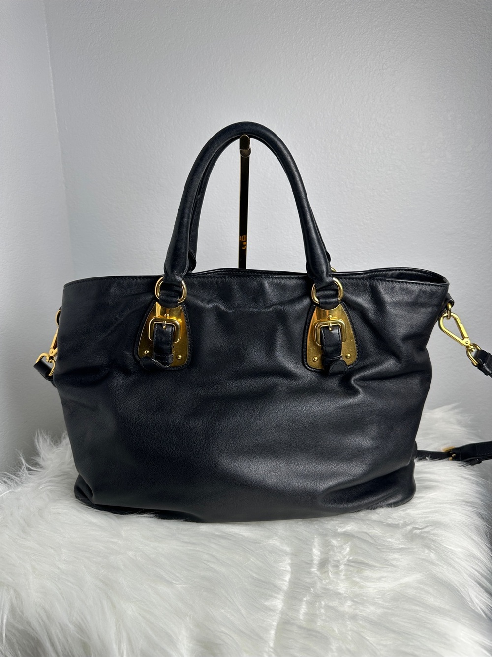 💯Authentic Prada Vitello Leather Convertible Tote Bag Black Gold Hardware🍀 - Picture 10 of 12